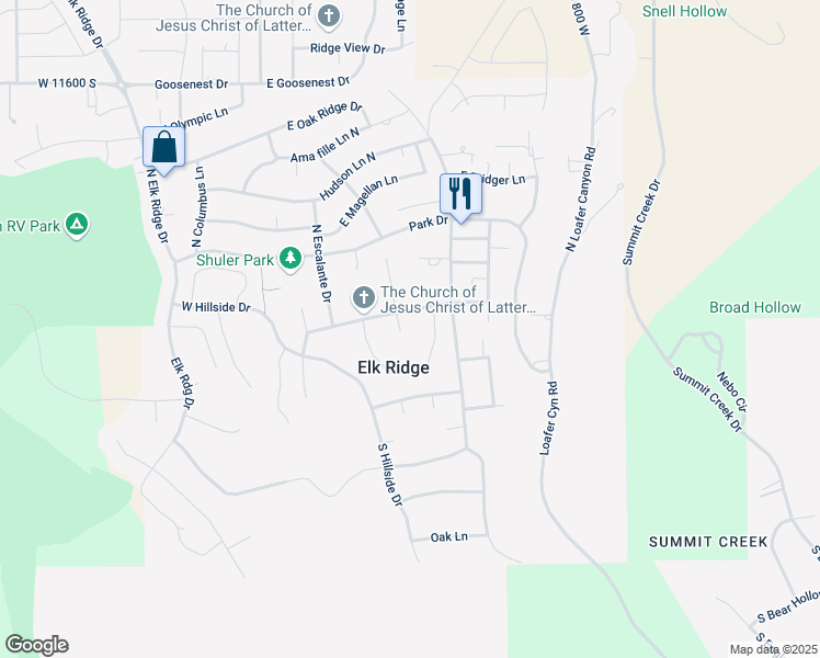 map of restaurants, bars, coffee shops, grocery stores, and more near 25 South Clark Lane in Elk Ridge