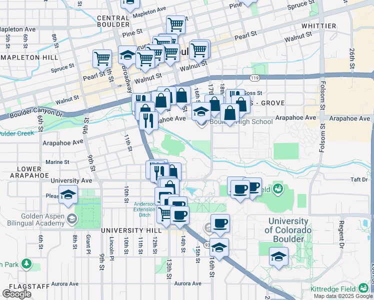 map of restaurants, bars, coffee shops, grocery stores, and more near 1402 Athens Street in Boulder
