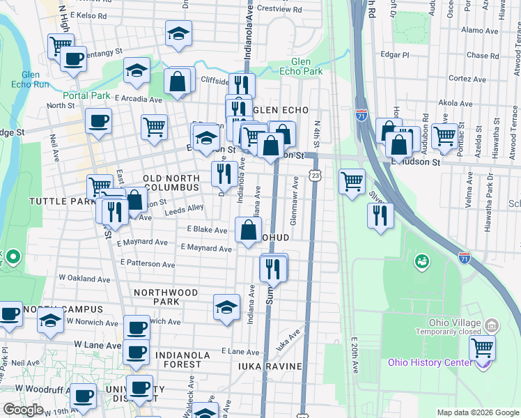 map of restaurants, bars, coffee shops, grocery stores, and more near 2404-2406 Indiana Avenue in Columbus