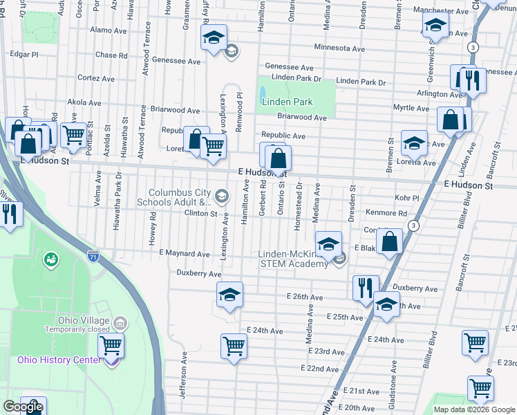map of restaurants, bars, coffee shops, grocery stores, and more near 2283 Gerbert Road in Columbus