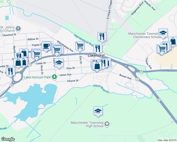 map of restaurants, bars, coffee shops, grocery stores, and more near 111 Union Avenue in Lakehurst