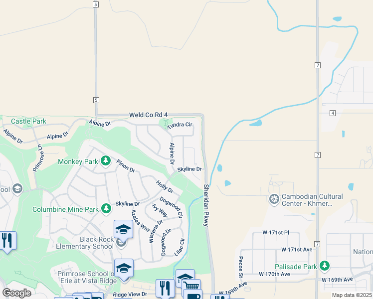 map of restaurants, bars, coffee shops, grocery stores, and more near 2152 Lupine Place in Erie