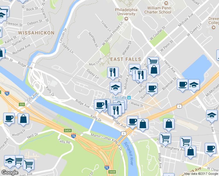 map of restaurants, bars, coffee shops, grocery stores, and more near 3435 Cresson Street in Philadelphia