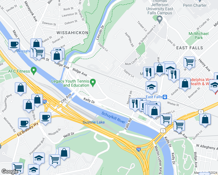 map of restaurants, bars, coffee shops, grocery stores, and more near 4462 Riverview Lane in Philadelphia
