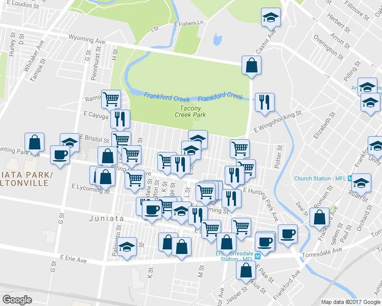 map of restaurants, bars, coffee shops, grocery stores, and more near 4300 L Street in Philadelphia