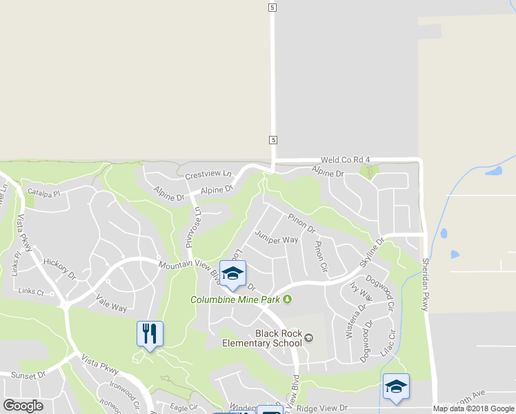 map of restaurants, bars, coffee shops, grocery stores, and more near 2057 Pinon Place in Erie