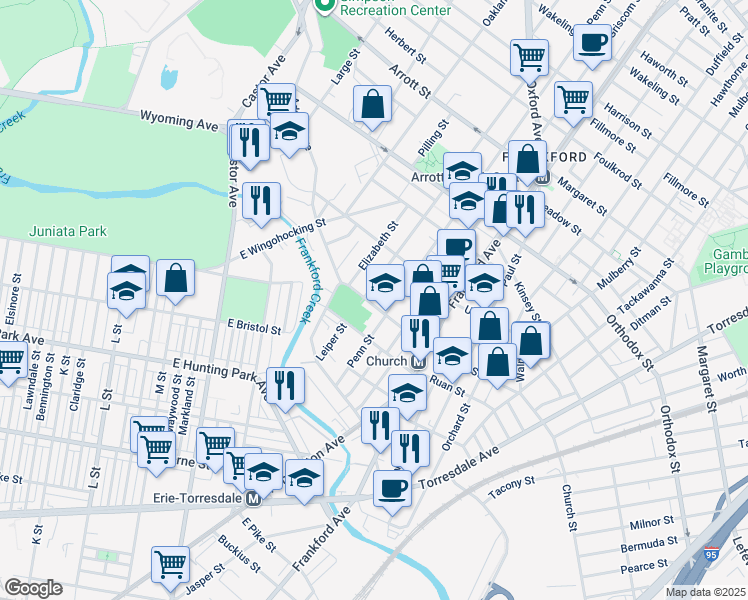 map of restaurants, bars, coffee shops, grocery stores, and more near 1413 Church Street in Philadelphia