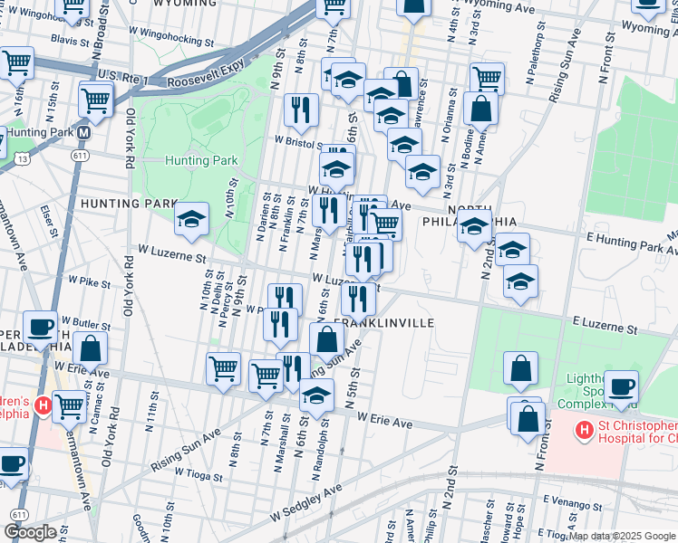 map of restaurants, bars, coffee shops, grocery stores, and more near 4012 North Fairhill Street in Philadelphia