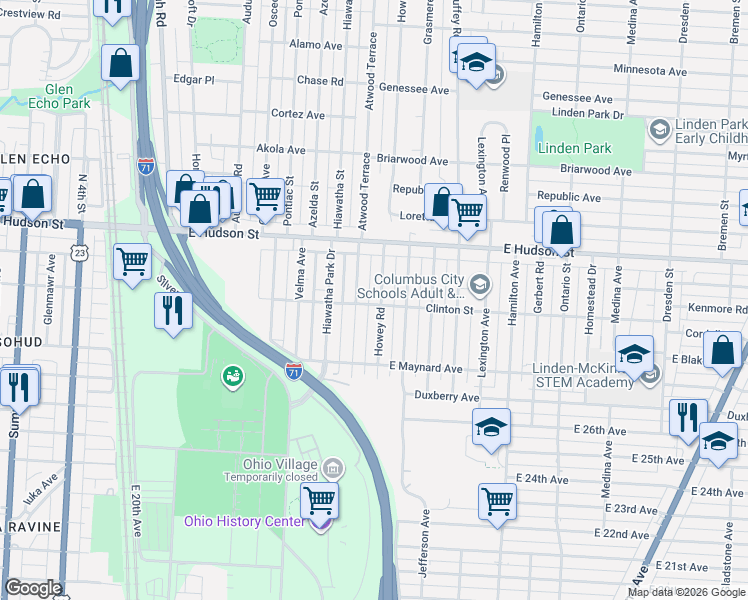 map of restaurants, bars, coffee shops, grocery stores, and more near 2314 Howey Road in Columbus