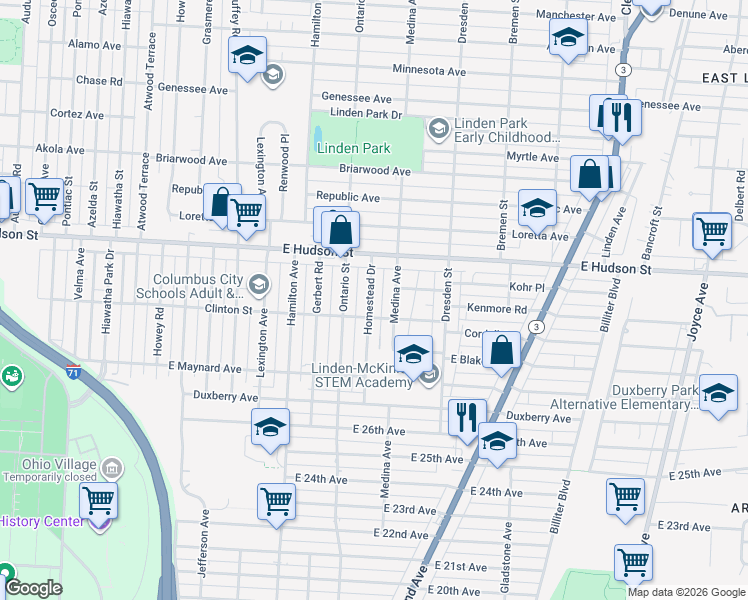 map of restaurants, bars, coffee shops, grocery stores, and more near 2272 Homestead Drive in Columbus