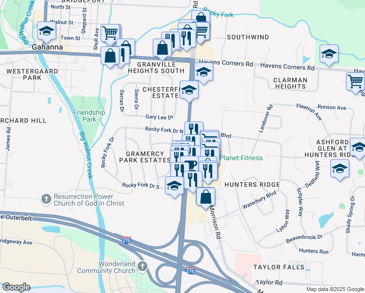 map of restaurants, bars, coffee shops, grocery stores, and more near 263 Hamilton Road in Gahanna