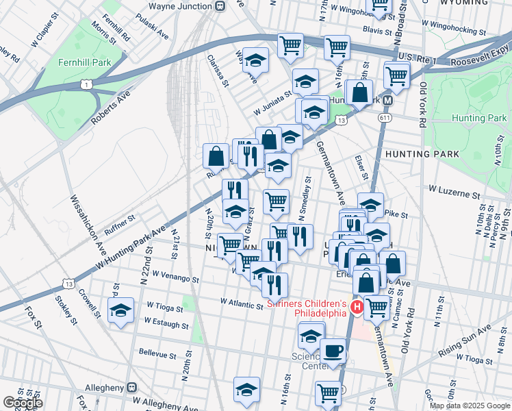 map of restaurants, bars, coffee shops, grocery stores, and more near 3835 North Gratz Street in Philadelphia