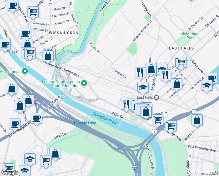 map of restaurants, bars, coffee shops, grocery stores, and more near 4437 Driftwood Drive in Philadelphia