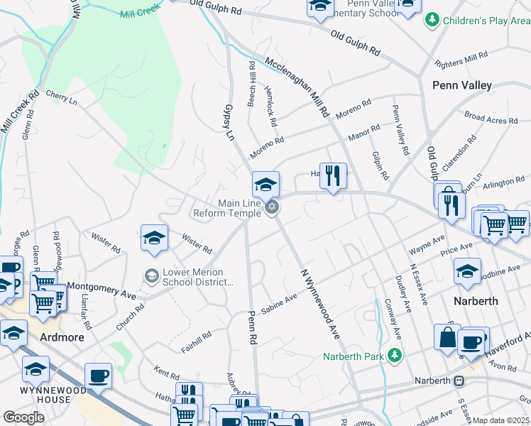map of restaurants, bars, coffee shops, grocery stores, and more near 410 Montgomery Avenue in Wynnewood