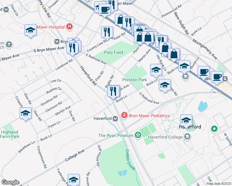 map of restaurants, bars, coffee shops, grocery stores, and more near 713 Preston Avenue in Bryn Mawr