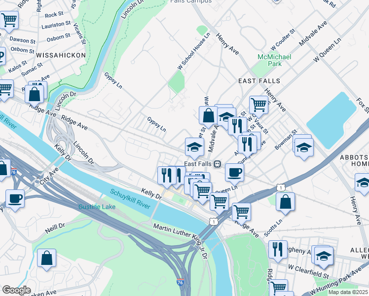 map of restaurants, bars, coffee shops, grocery stores, and more near 3435 Cresson Street in Philadelphia