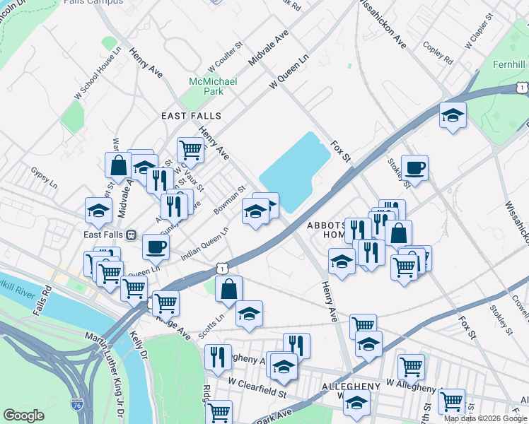 map of restaurants, bars, coffee shops, grocery stores, and more near 3300 Henry Avenue in Philadelphia