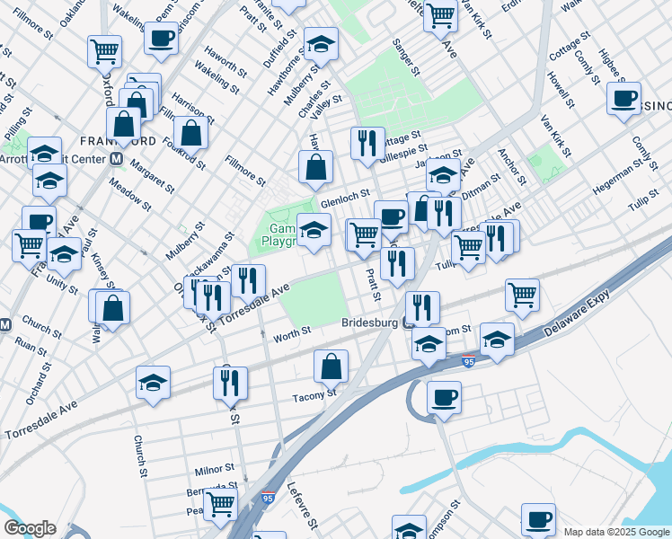 map of restaurants, bars, coffee shops, grocery stores, and more near Torresdale Ave & Wakeling St in Philadelphia