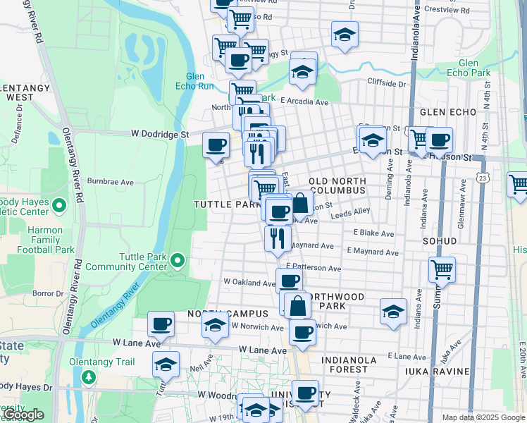 map of restaurants, bars, coffee shops, grocery stores, and more near 2463 North Wall Street in Columbus