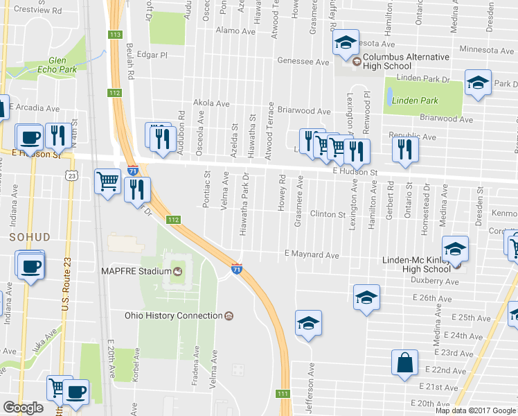 map of restaurants, bars, coffee shops, grocery stores, and more near 2325 Atwood Terrace in Columbus