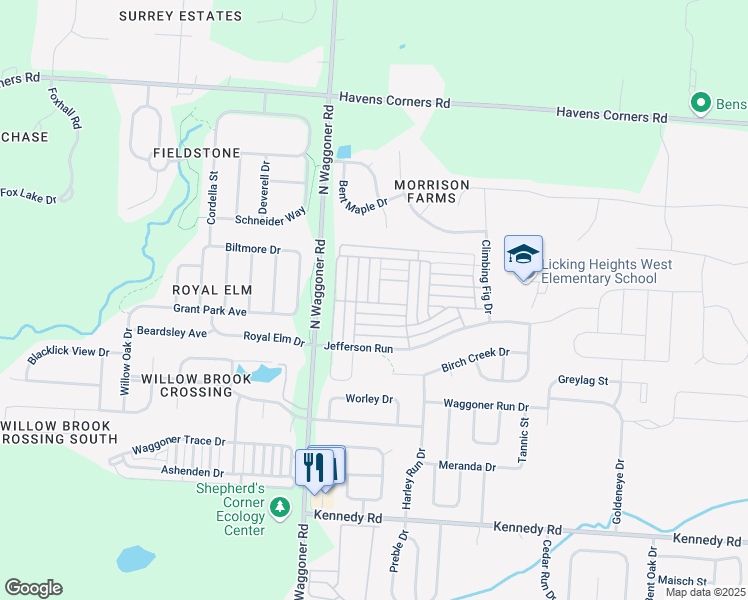 map of restaurants, bars, coffee shops, grocery stores, and more near 1375 Pansy Street in Blacklick
