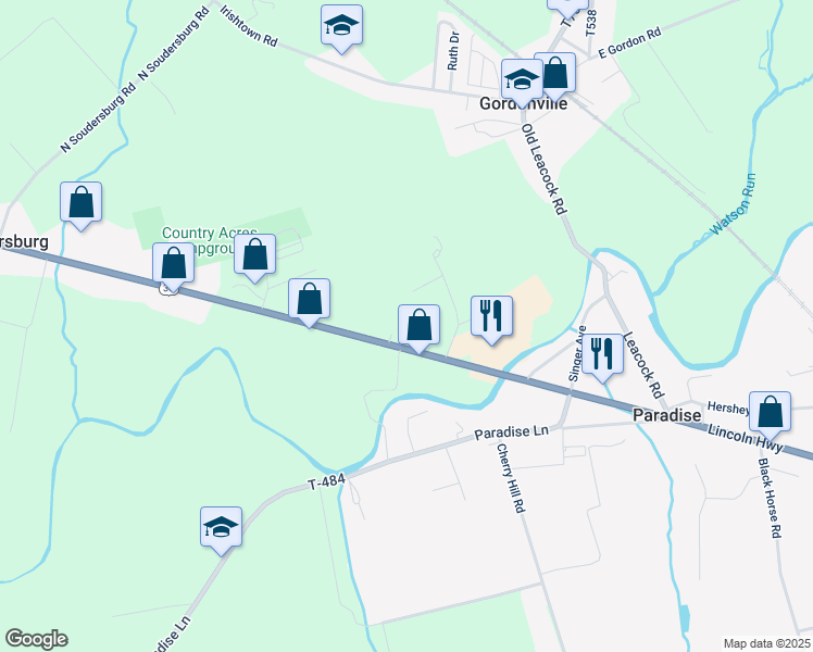 map of restaurants, bars, coffee shops, grocery stores, and more near 3037 Lincoln Highway East in Gordonville