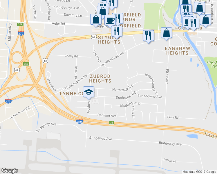 map of restaurants, bars, coffee shops, grocery stores, and more near 374 Hermitage Road in Columbus