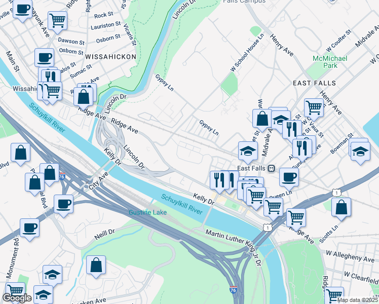 map of restaurants, bars, coffee shops, grocery stores, and more near 4426 Driftwood Drive in Philadelphia
