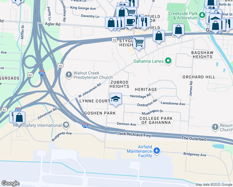 map of restaurants, bars, coffee shops, grocery stores, and more near 418 Hermitage Road in Columbus