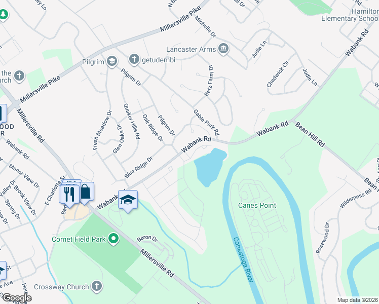 map of restaurants, bars, coffee shops, grocery stores, and more near 108 Gentlemens Way in Lancaster