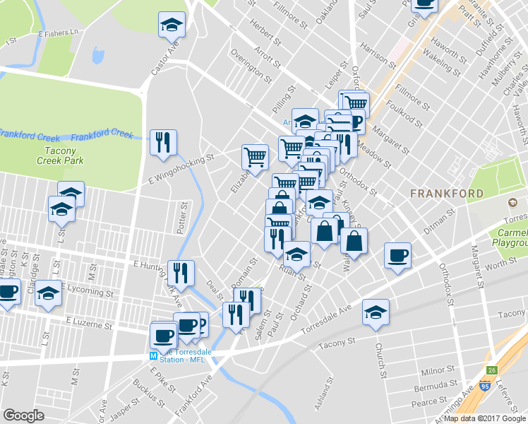 map of restaurants, bars, coffee shops, grocery stores, and more near 4329 Penn Street in Philadelphia