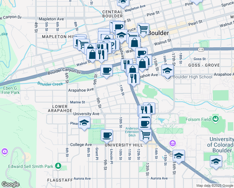 map of restaurants, bars, coffee shops, grocery stores, and more near 1051 Marine Street in Boulder