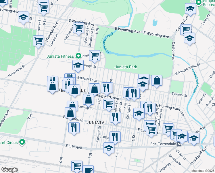map of restaurants, bars, coffee shops, grocery stores, and more near 4243 Elsinore Street in Philadelphia