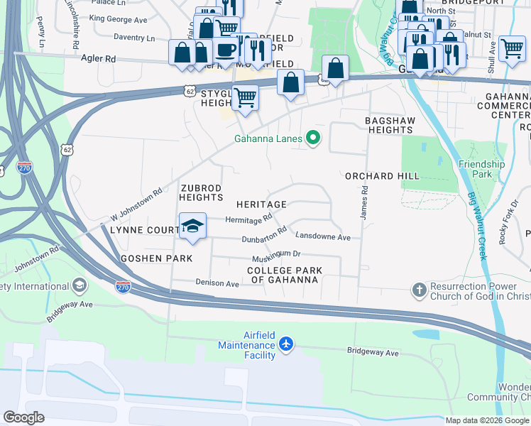 map of restaurants, bars, coffee shops, grocery stores, and more near 296 Hermitage Road in Columbus