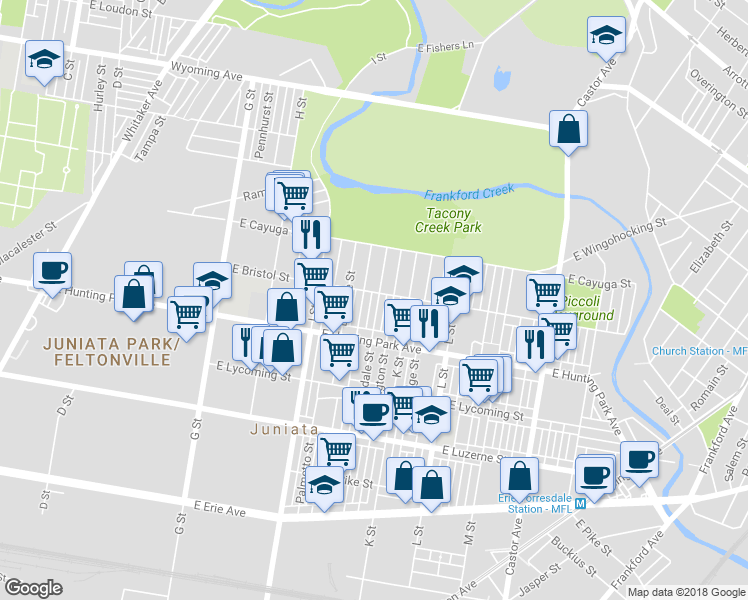 map of restaurants, bars, coffee shops, grocery stores, and more near 4250 Lawndale Street in Philadelphia