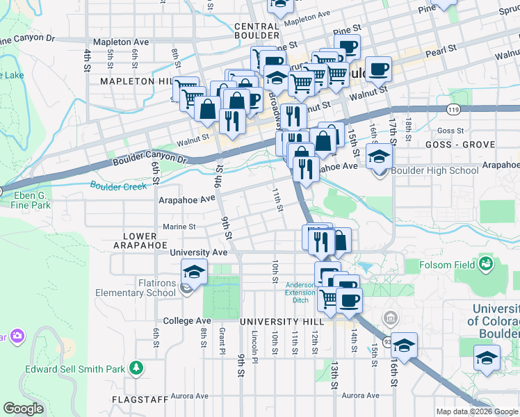 map of restaurants, bars, coffee shops, grocery stores, and more near 967 Marine Street in Boulder