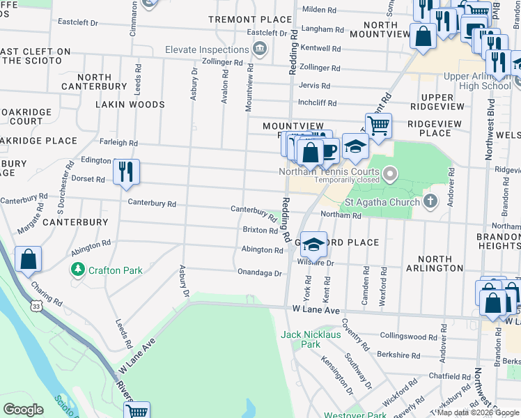 map of restaurants, bars, coffee shops, grocery stores, and more near 2246 Northam Road in Upper Arlington