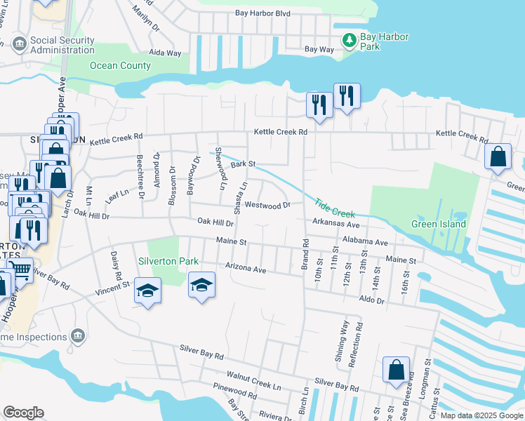 map of restaurants, bars, coffee shops, grocery stores, and more near 107 Westwood Drive in Toms River
