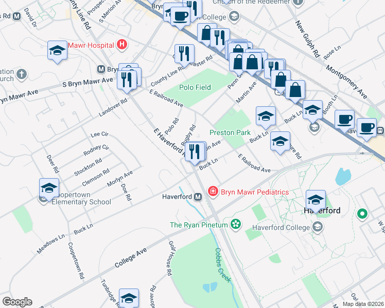 map of restaurants, bars, coffee shops, grocery stores, and more near 713 Preston Avenue in Bryn Mawr