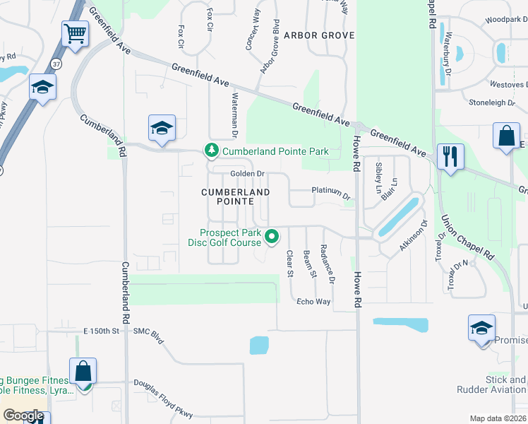 map of restaurants, bars, coffee shops, grocery stores, and more near 15393 Border Drive in Noblesville
