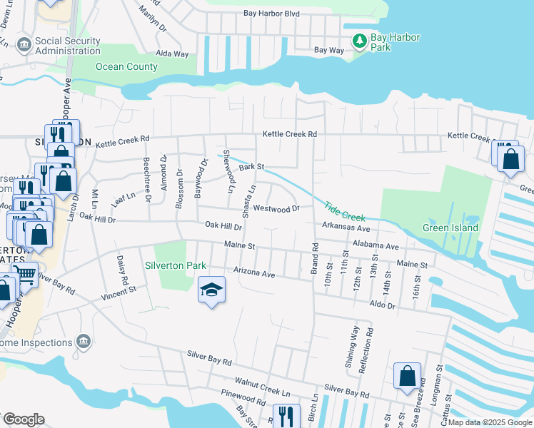 map of restaurants, bars, coffee shops, grocery stores, and more near 107 Westwood Drive in Toms River