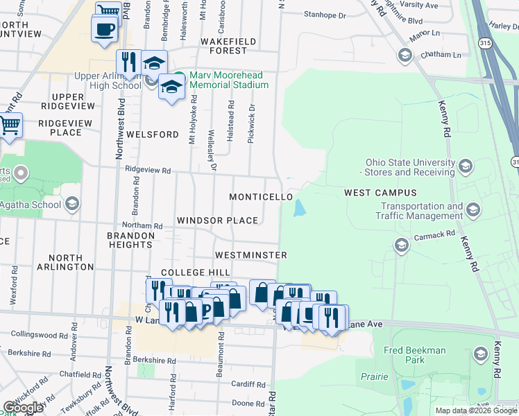 map of restaurants, bars, coffee shops, grocery stores, and more near 2681 Montcalm Road in Columbus
