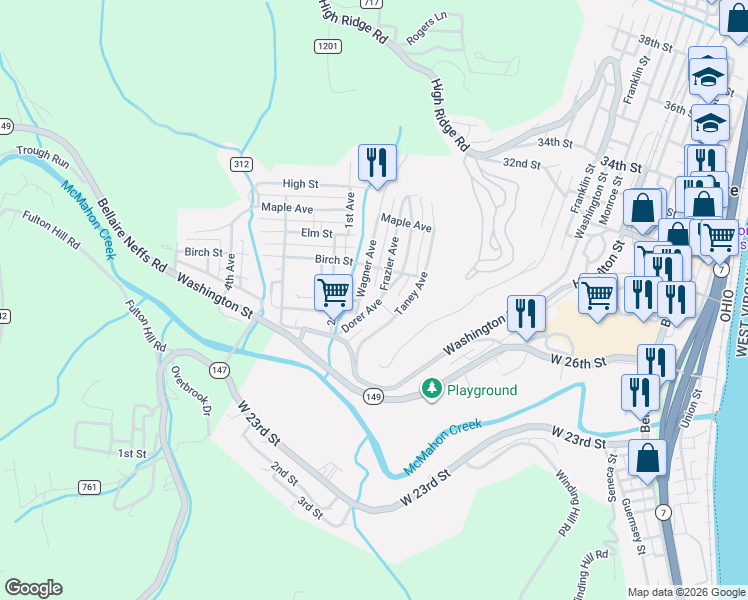 map of restaurants, bars, coffee shops, grocery stores, and more near 129 Frazier Avenue in Bellaire