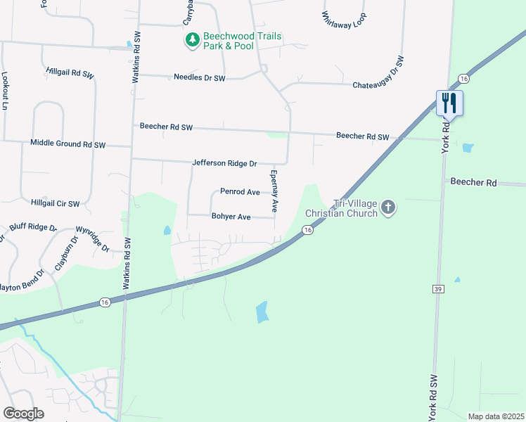map of restaurants, bars, coffee shops, grocery stores, and more near 115 Bohyer Avenue in Pataskala