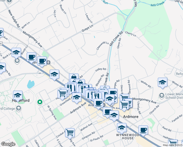 map of restaurants, bars, coffee shops, grocery stores, and more near 130 Valley Rd in Ardmore