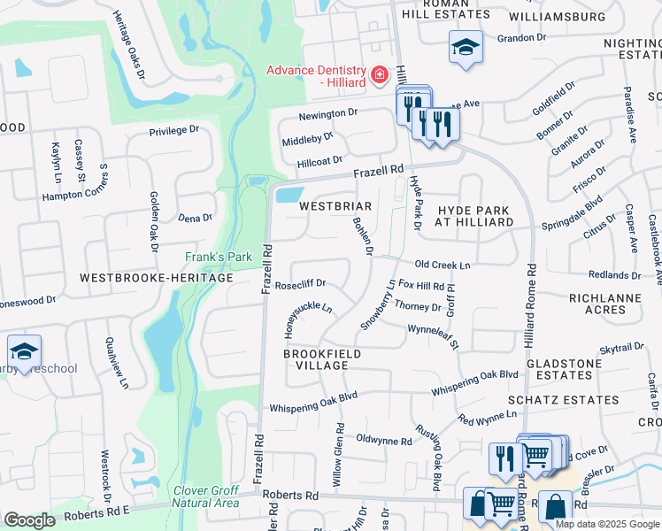 map of restaurants, bars, coffee shops, grocery stores, and more near 5627 Jennybrook Lane in Hilliard