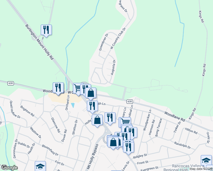 map of restaurants, bars, coffee shops, grocery stores, and more near 8 Cypress Point Road in Westampton