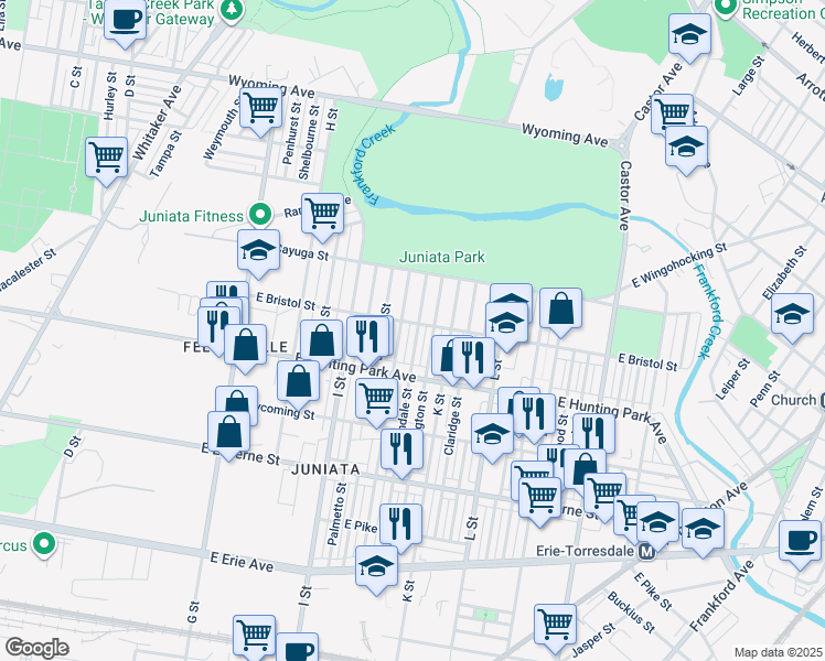 map of restaurants, bars, coffee shops, grocery stores, and more near 4250 Lawndale Street in Philadelphia