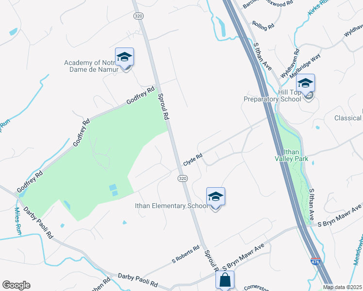 map of restaurants, bars, coffee shops, grocery stores, and more near 687 Sproul Road in Bryn Mawr