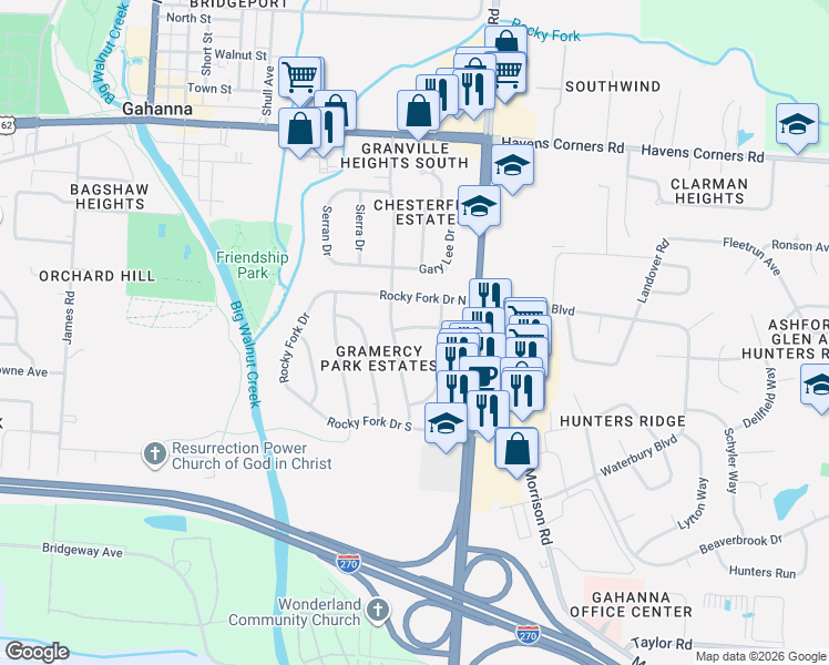 map of restaurants, bars, coffee shops, grocery stores, and more near 365 Bow Drive in Columbus